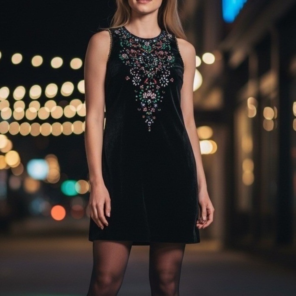 Ecote Beaded Jewel Embellished Velvet Dress Sz M Black Whimsigoth Fairy Romantic